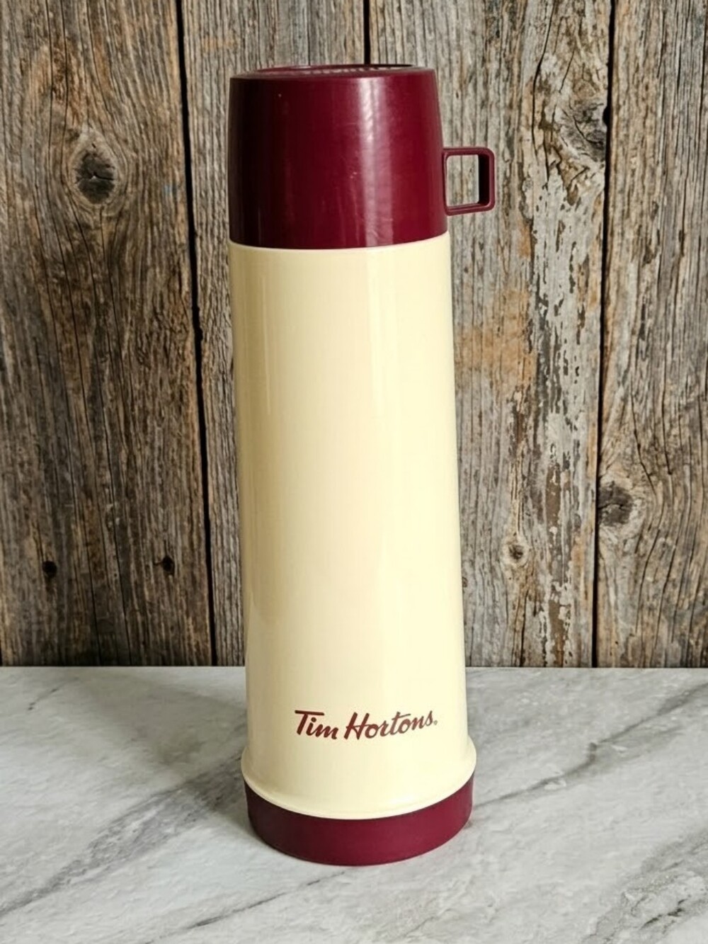 Vintage Tim Hortons Cream & Maroon Glass Lined Thermos 32oz Made In Canada